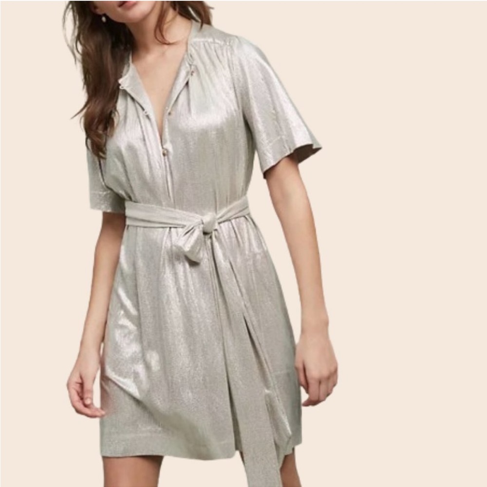 Anthropologie Sabina Musayev Mini Silver Mercury Shirt Dress w/ Waist Tie Size S